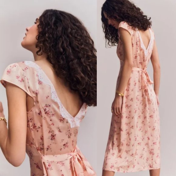 NWT Reformation Lucas Silk Midi Dress SZ 4 Myrna Floral Cap Sleeves Deep V-Back - Picture 2 of 12
